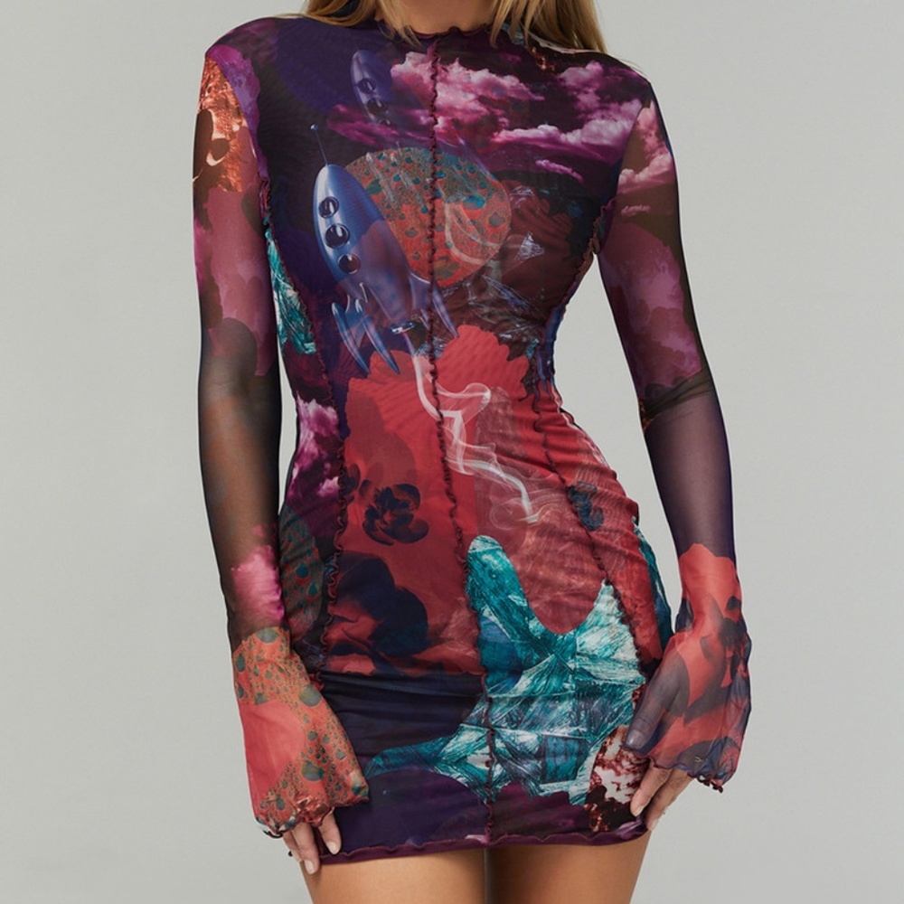Mistress Rocks "Talent" Collage Print Mock Neck Mini Dress